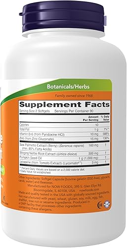 Vista 2 de Suplementos NOW para próstata, apoyo de próstata, con palma enana americana estandarizada, ortiga y licopeno, 180 cápsulas blandas