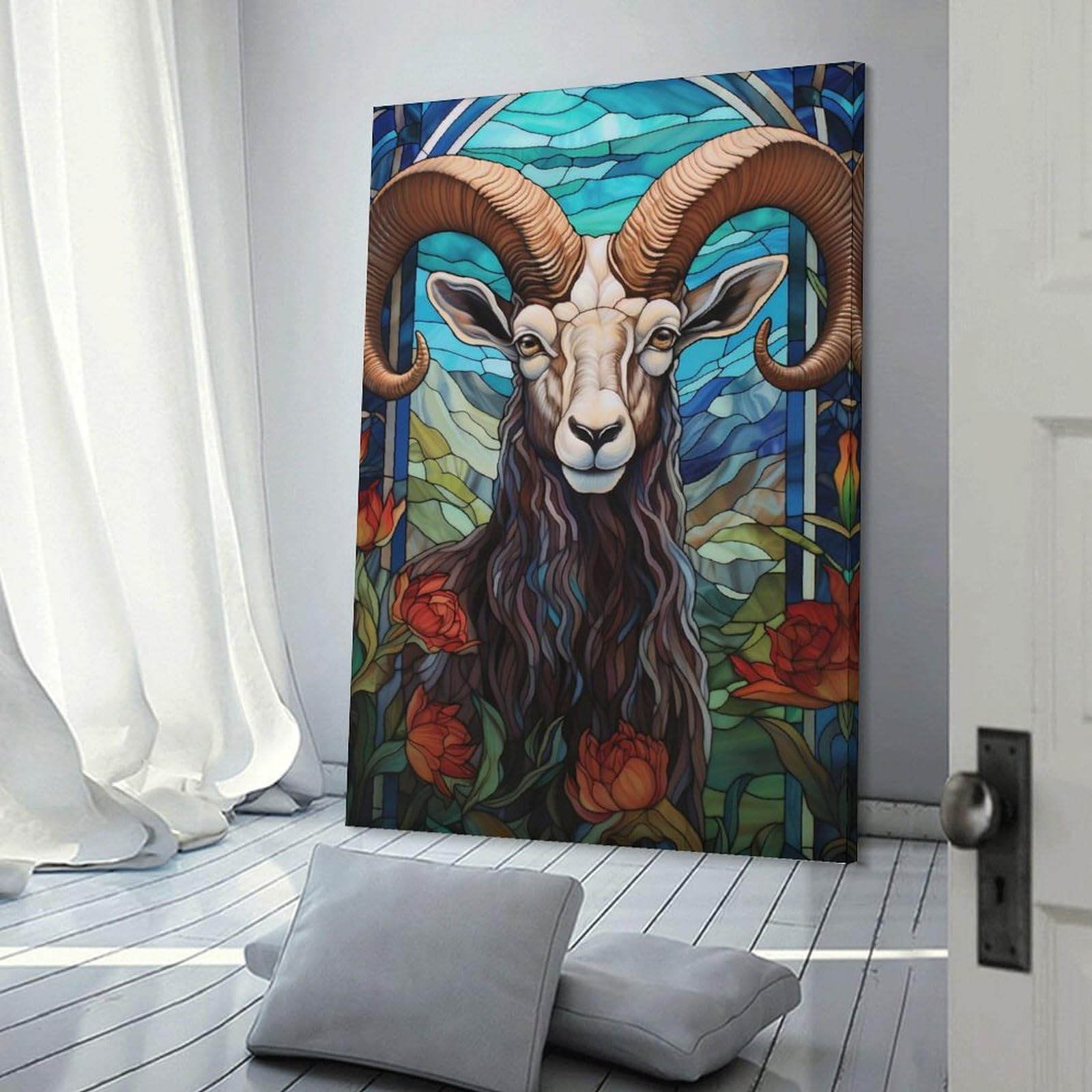 Junmoney Hanging Wall Art Stained Glass Ram with Floral Accents, 16x24inch(40x60cm), for Work Areas, Reading Rooms Or Studios, Wall Art That Adds Style to Work Areas