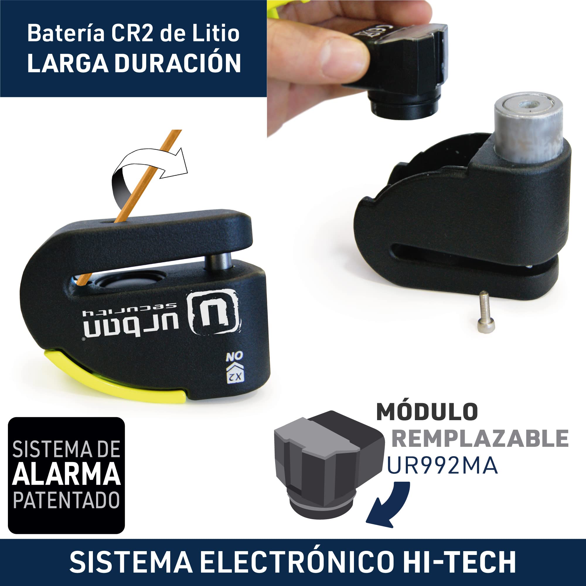 URBAN UR10 Candado Moto Homologado | Antirrobo Disco sin/con Alarma Hi-Tech Más Eficaz, 120dB, LED, Warning Inteligente, Sensibilidad A+ | Cepo Moto Pinza Freno, Doble Cierre 10mm, Acero Endurecido