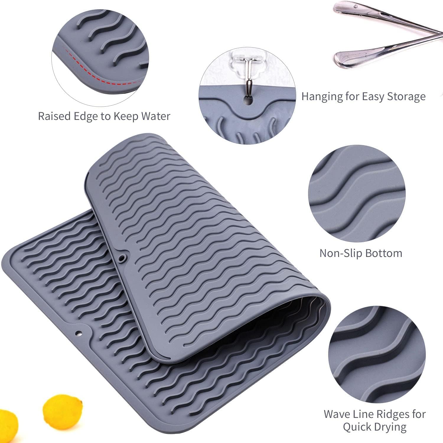 Cheet enterprise Silicone Dish Drying Mats for Kitchen Counter, Heat Resistant Mat, Tableware Bowl Mat - Easy Clean, Store Can be Rolled UP - Grey 3