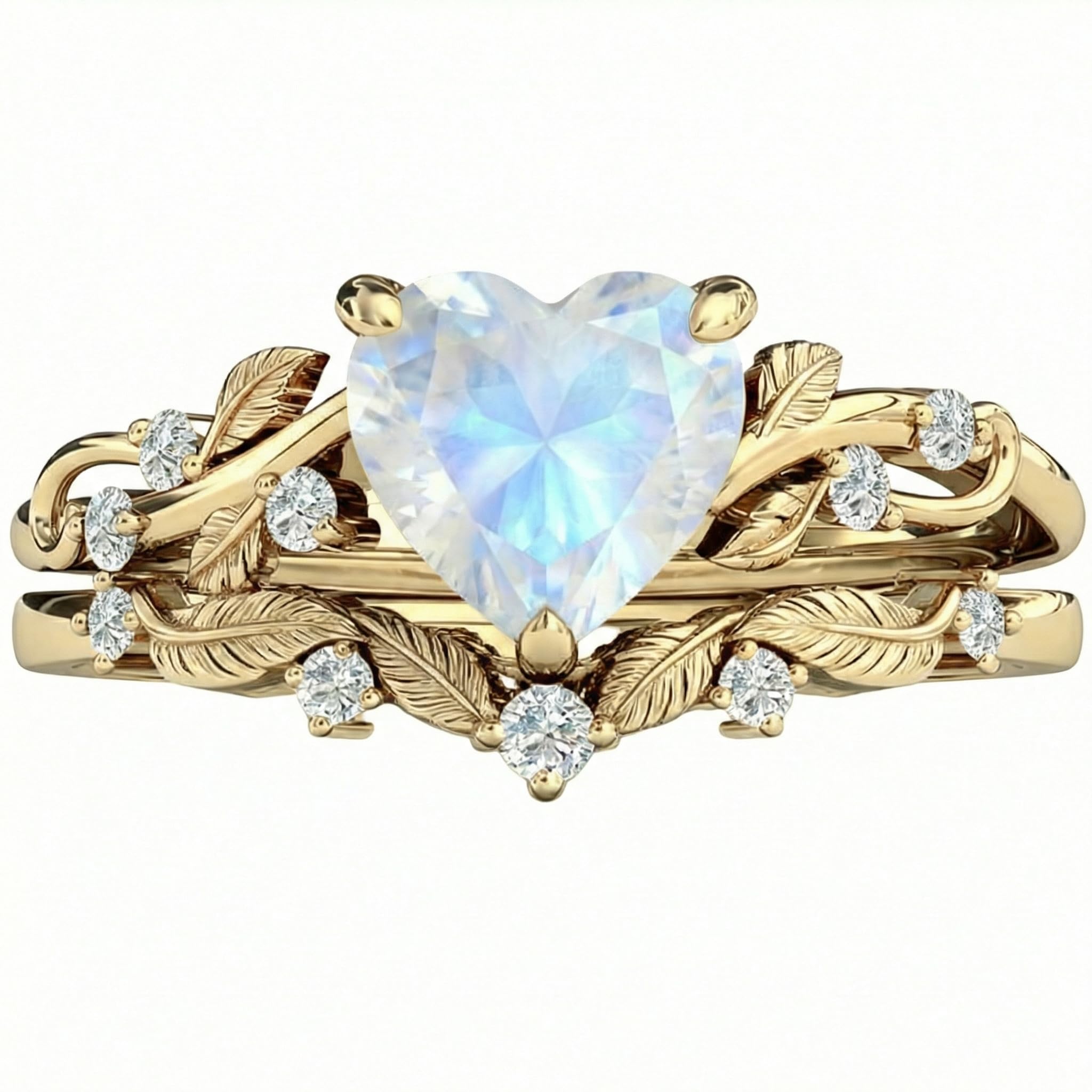 SILACETE 10K 14K 18K Gold Herz Geburtsstein Verlobungsring Set für Damen Blatt Art Deco Ring Herzschliff Vintage Ranke Geburtsstein Braut Hochzeits Versprechen Ring Set Größe4~15