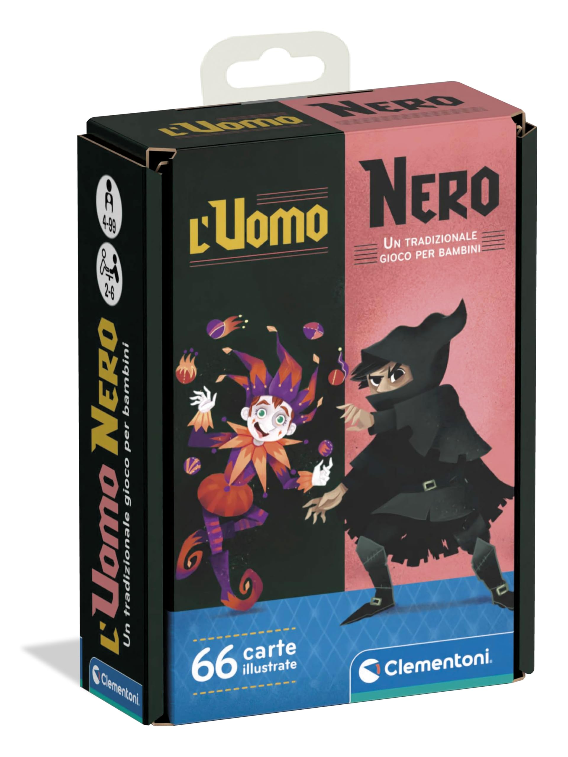 Clementoni - L'Uomo Nero Versione Tascabile, Mazzo di 66 Carte, per Bambini 4+ Anni e Adulti, Gioco da Tavolo in Formato da Viaggio, 2-6 Giocatori, Idea Regalo, Made in Italy, Lingua Italiana, 16299