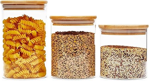 Miniatura 4 de Juvale Paquete de 5 recipientes de vidrio con tapas de bambú, 3 tamaños para almacenamiento en despensa