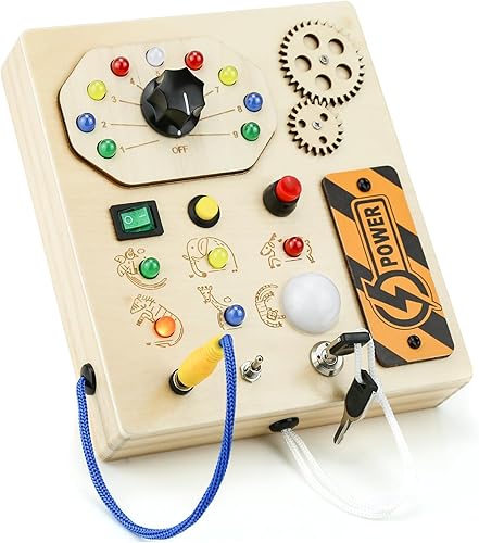 JAMIEWIN Montessori - Tablero de actividades con interruptor de luz LED para niños pequeños de 1 a 3 años, tablero sensorial de madera, juguetes de