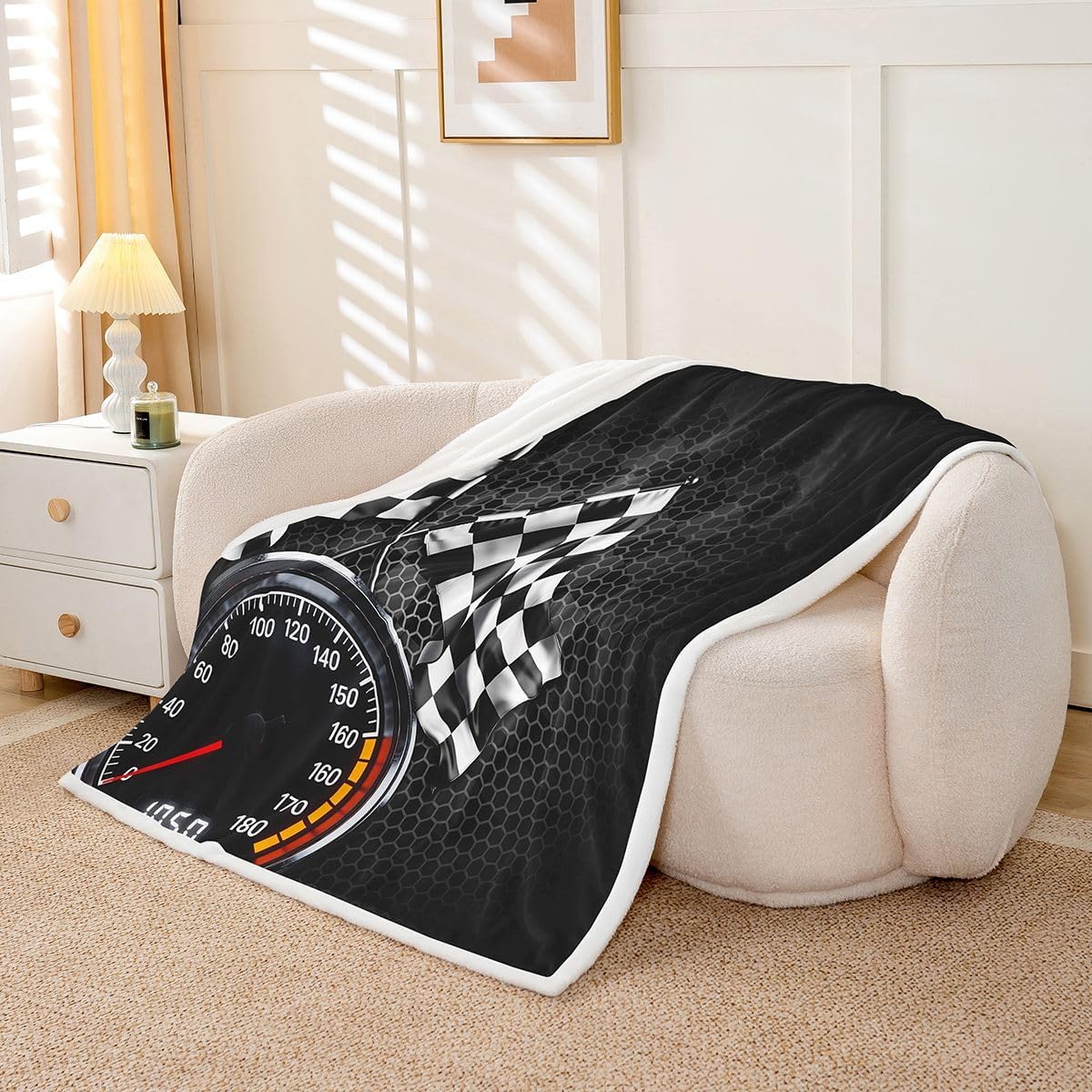 Racing Car Throw Blanket Black White Checkerboard Flag Bed Blanket for Kids Boys Teens Room Decor Honeycomb Hexagon Gaming Fleece Blanket Black Modern Fuzzy Blanket,for Chair/Sofa,40"x50"