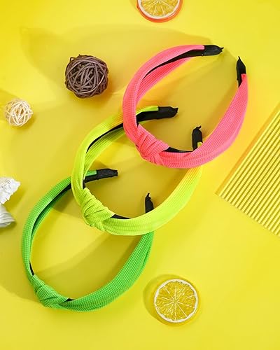 Miniatura 3 de Ronglry 3 diademas de neón de los años 80 y 90, accesorios de atuendo para mujer, diadema elástica retro anudada para mujer, accesorios para el
