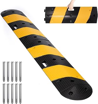 Portable Folding Rubber Speed Bump with 2 End Caps Overall 83.5" 12" 2", Carry-Handle Design, Black/Yellow Driveway Speed Bump for Driveways, Parking Lots & Events