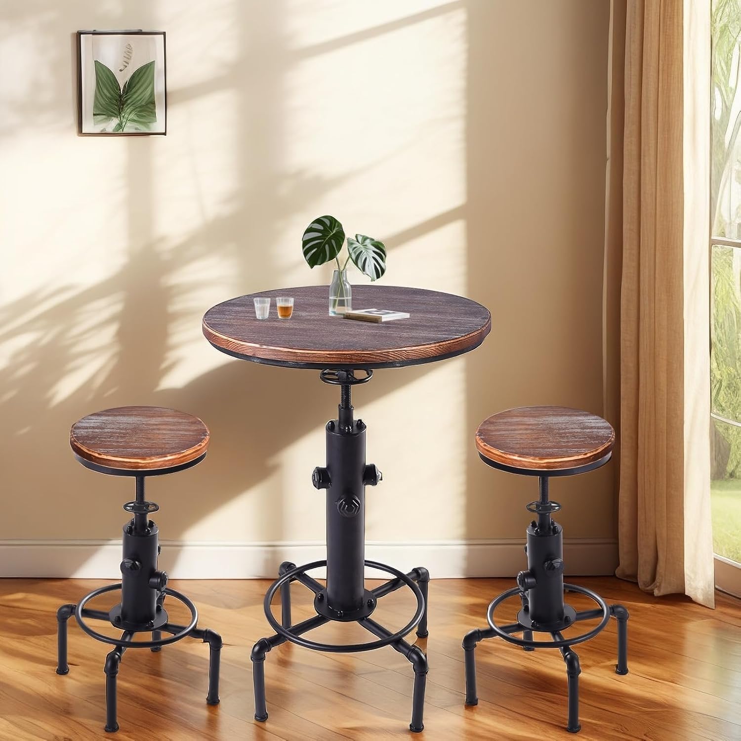 Kitchen Table Set, 3 Piece Pub Table Set, Modern Round bar Table and Stools for 2, Bistro Bar Height Table Industrial Bar Stools Height Adjustable Easy Assemble for Kitchen Dining