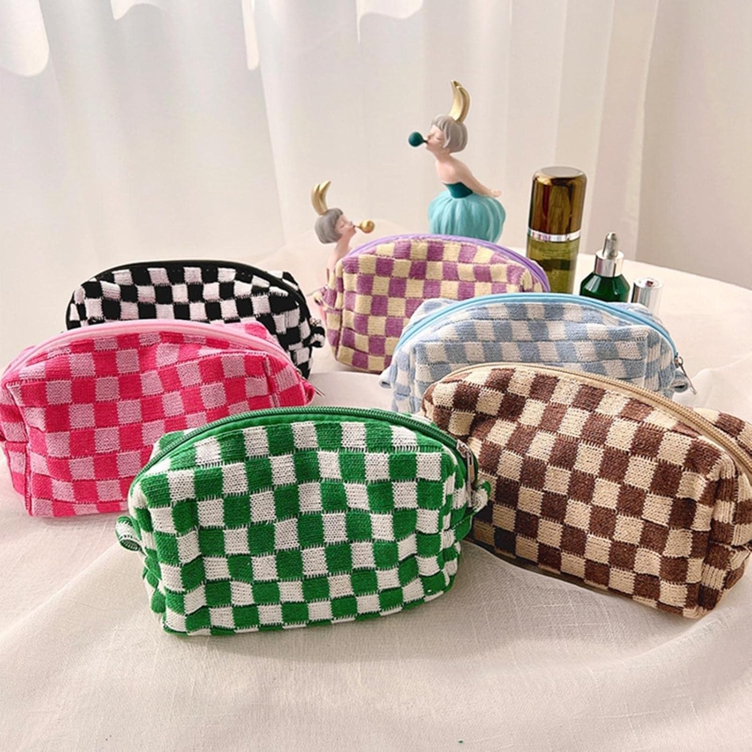 Astuccio per matite, grande capacità, a scacchiera, trousse per cosmetici, organizer per cancelleria, design lavorato a maglia, per scuola, ufficio e viaggi