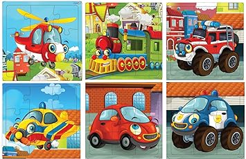 Fiddlys Wooden Jigsaw Puzzles for Kids & Children – 9 Pieces Each, Pack of 6 | Double Layered Puzzles with Bright Front & Back Print | Educational Toy for Boys & Girls Age 3+ (Vehicles (Pack of 6)) - image, photos