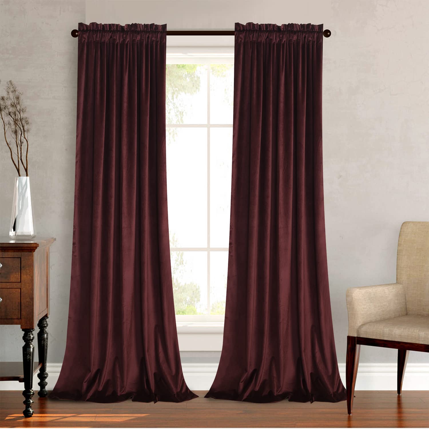 Roslynwood Ruby Wine Velvet Curtains for Living Room - Blackout Energy Saving Curtain Panels Privacy Window Covering for Studio/Theatre/Hall, W52 x L120 inches, 2 Panels