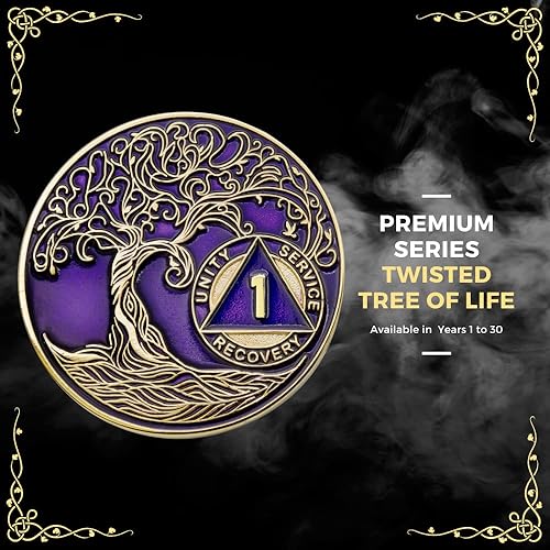 Miniatura 4 de Medallón AA de 3 años  Árbol de la Vida trenzado chapado en oro AA Chip de recuperación  morado