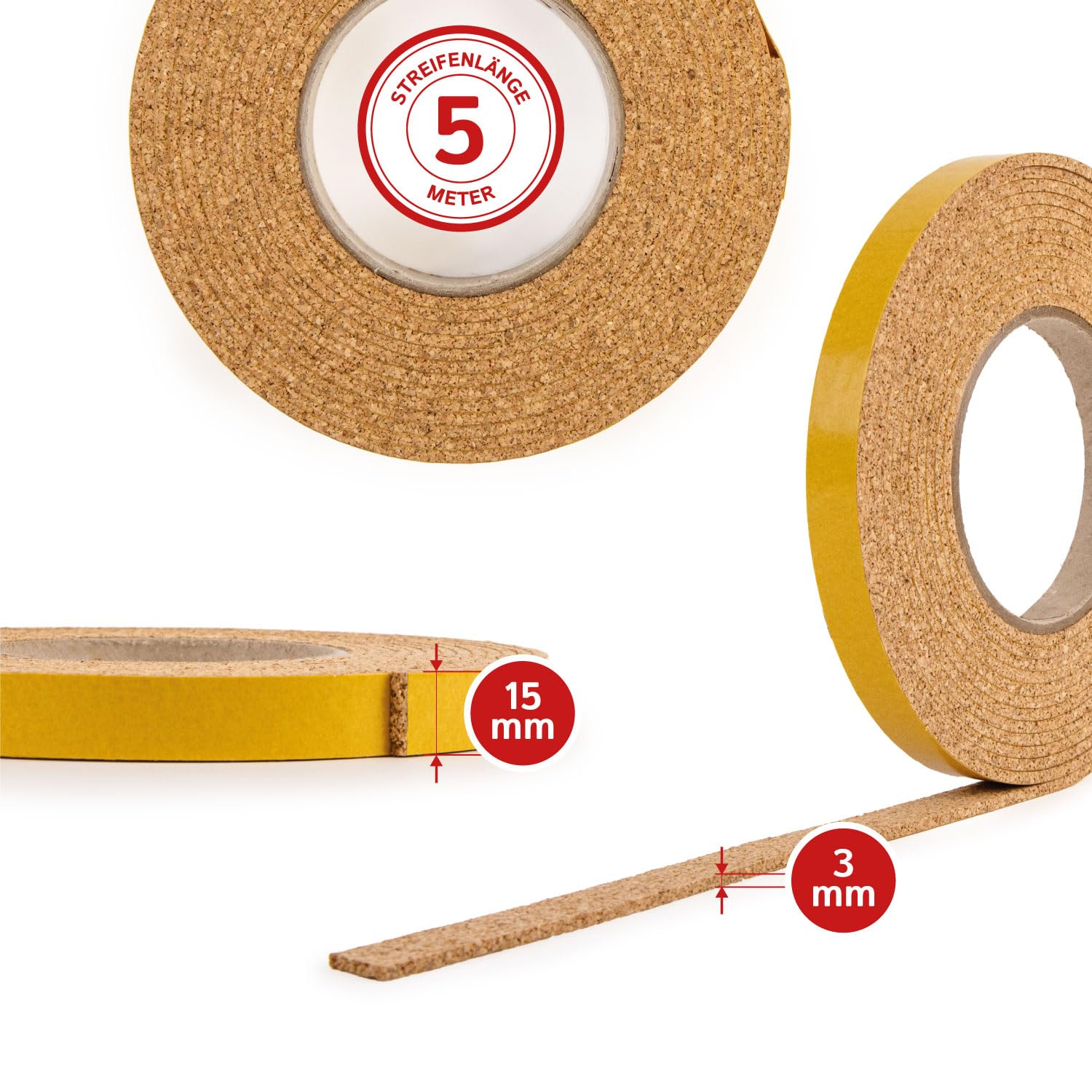 Samoprzylepne paski korkowe, długość 5 m, szerokość 1,5 cm i grubość 3 mm, możliwość przycięcia, szczelina rozszerzająca, taśma korkowa – Made in Germany