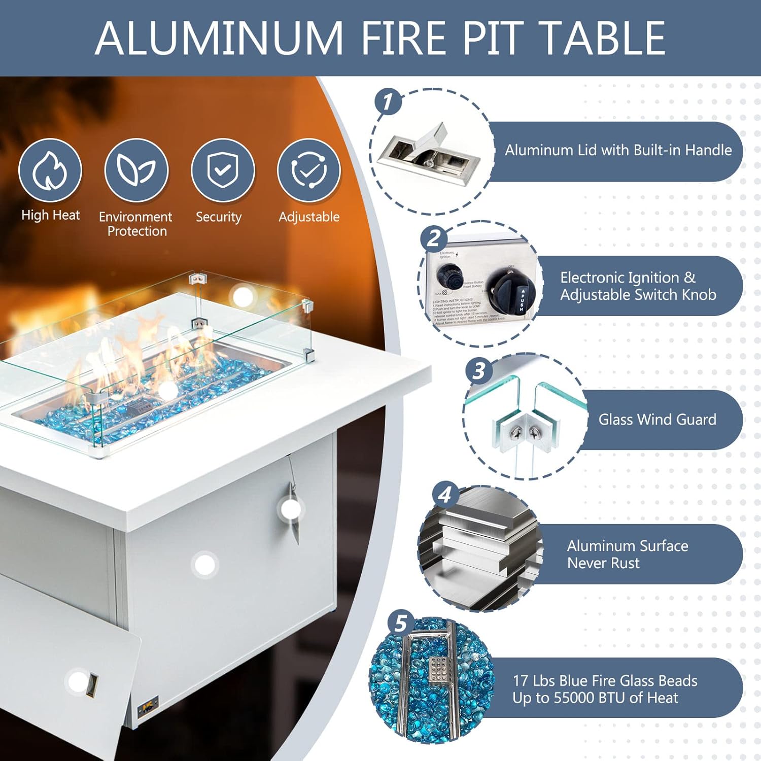 RADIATA 9 Pieces Aluminum Patio Furniture Set with Fire Pit Table, Modern Outdoor Sectional Sofa, Large Conversation Seat with Thick Cushion for Garden Backyard Deck Porch (White)