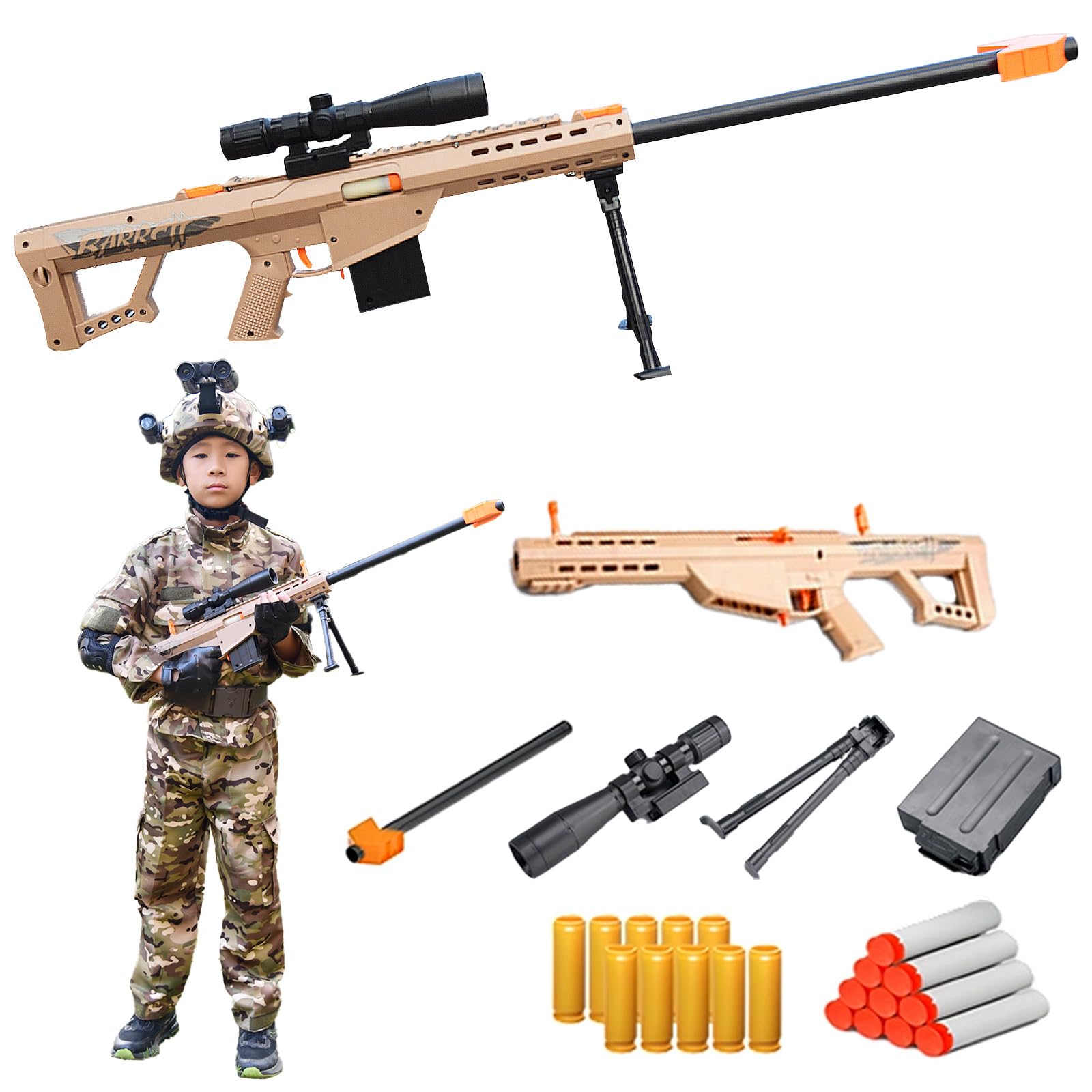 Barrett 98k Lance-douille Soft-Head - Fusil à lunette jouet pour enfants | Modèle réaliste avec munitions Soft-Head | Incl. 10 douilles | Âge 3+ (Sable)