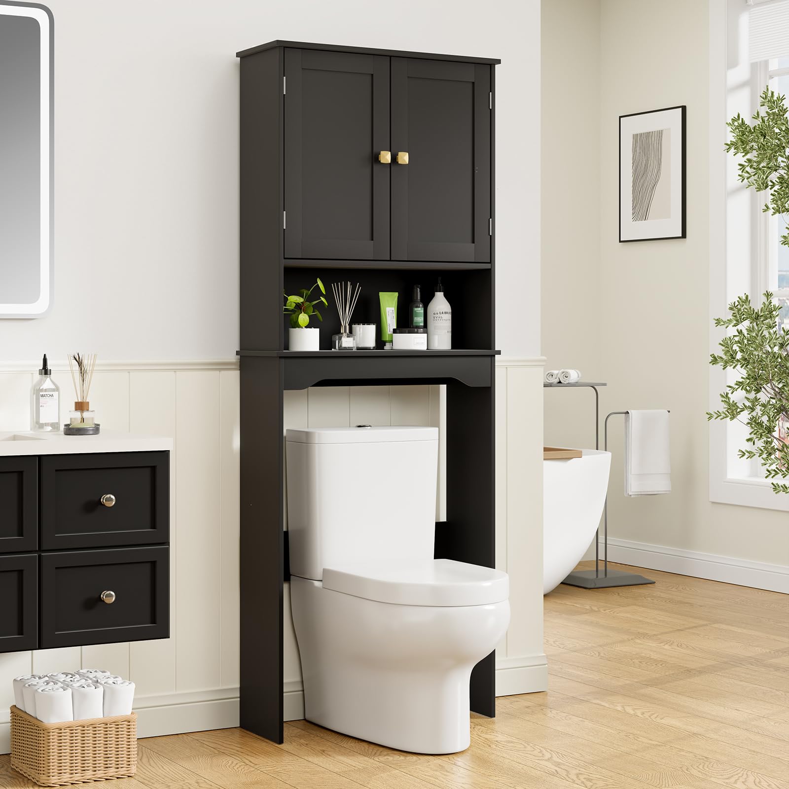 RRX WC-Aufbewahrungsschrank, Badezimmer-Organizer, 63 x 23 x 160 cm (L x B x H), freistehender Toilettenständer mit verstellbarem Regal und offenem Stauraum, Doppeltüren (Schwarz)