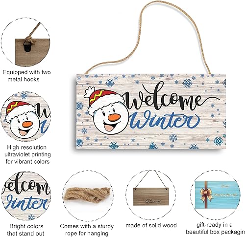 Miniatura 3 de Letrero de bienvenida de invierno, decoración rústica de madera para pared y puerta, muñeco de nieve impreso y copos de nieve, 11.9 x 6 pulgadas,