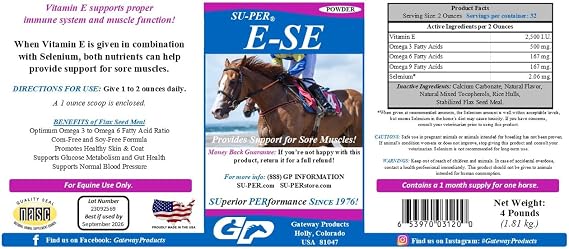 SU-PER E-Se Horses Antioxidant Supplement - Vitamin E & Selenium for Sore Muscles Support - 4 Pound