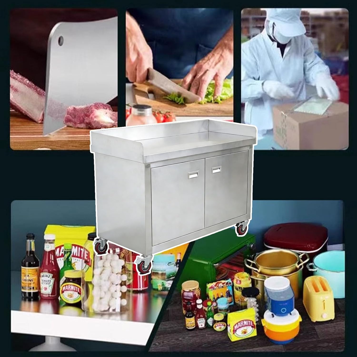 Stainless Steel Workbench with Wheels Worktable Three-Sided Enclosure Tiered Storage Available in Fully Welded/Assembled Configurations Kitchen Metal Prep Station Table(80x60x78cm-Assembly)