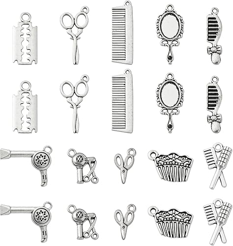 KitBeads 100 dijes de peluquero tibetano de estilos mixtos para peine y tijeras, dijes vintage para secador de pelo, para hacer joyas, pulseras a