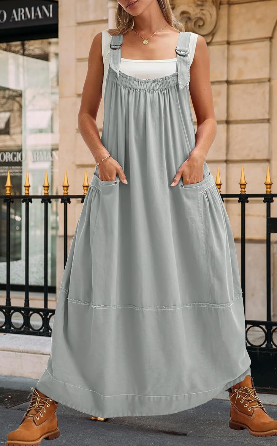 chouyatou Women's Cargo Overall Dress Sleeveless Adjustable Strap Safari Maxi Jumper Dress with Pockets - Image 2