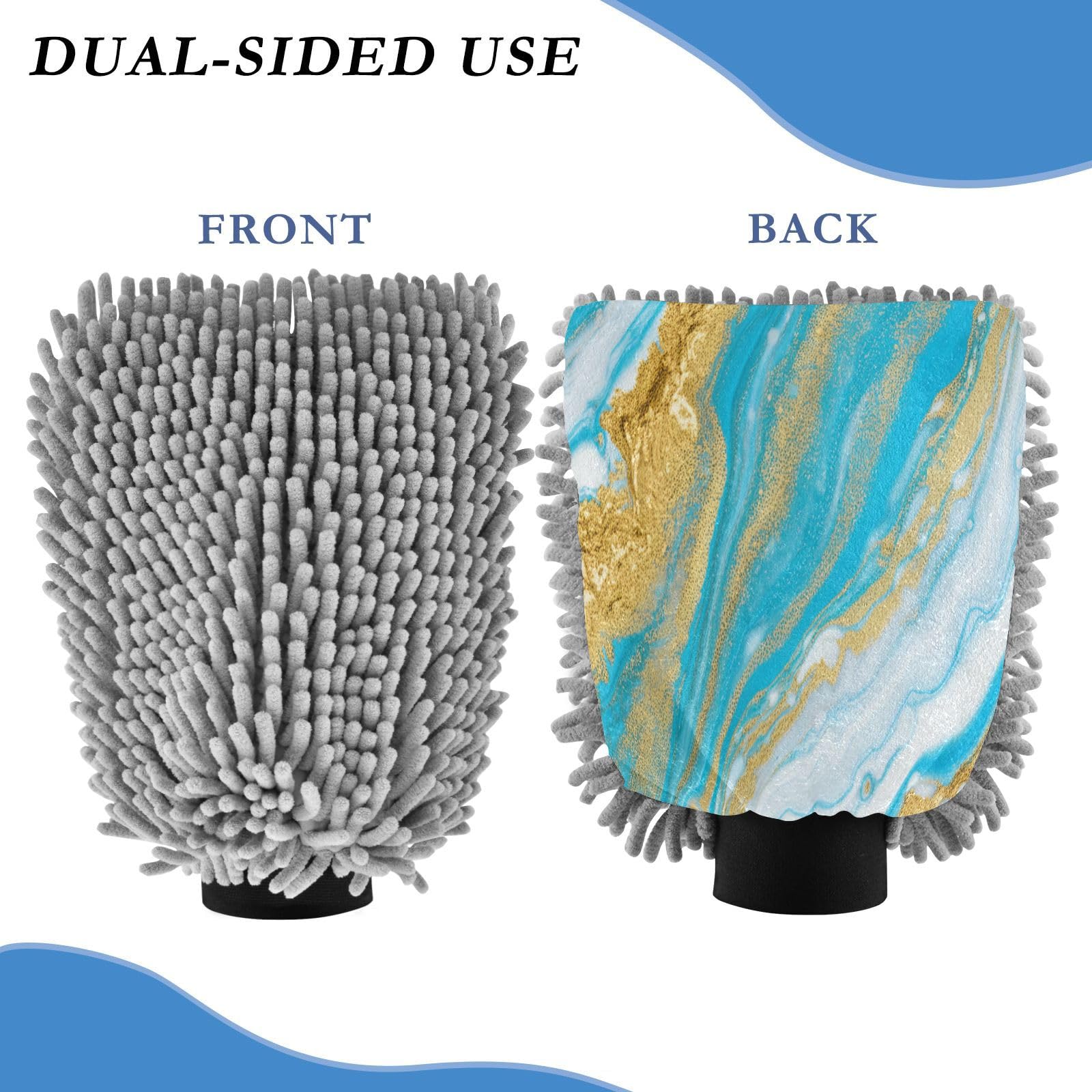 STAYTOP Beautiful Blue Gold Marble Car Wash Mitt Microfiber, 2Pcs Scratch Free Lint-Free, Premium Chenille Microfiber Mitt Car Wash Brush-M