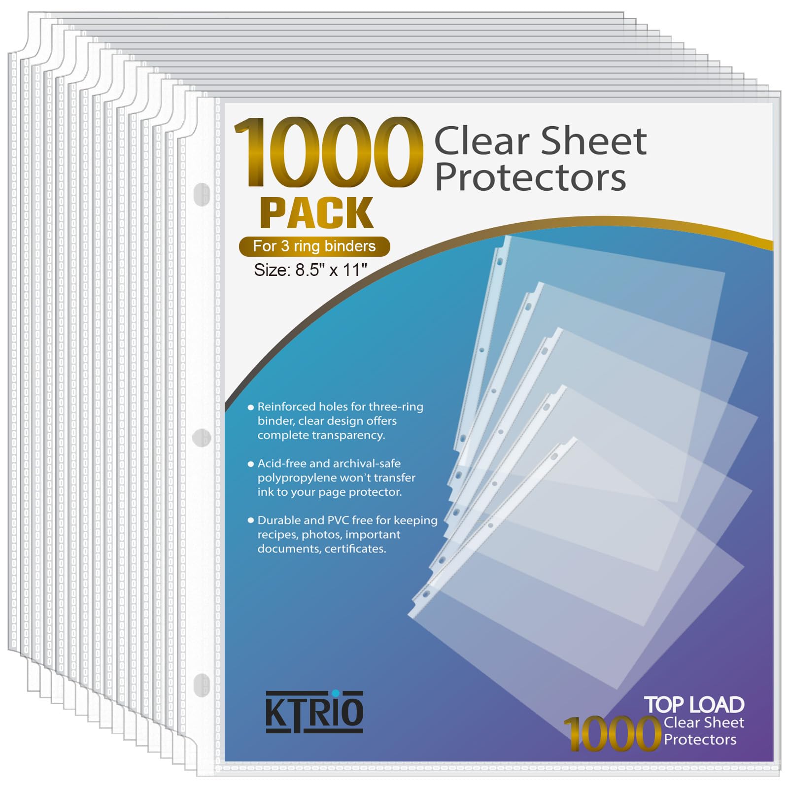 KTRIO 1000 Pack Sheet Protectors 8.5 x 11 inch, Clear Page Protector for 3 Ring Binder, Plastic Sleeves for Binders, Top Loading Paper Sheets Document Sleeve Letter Size, Office & Home