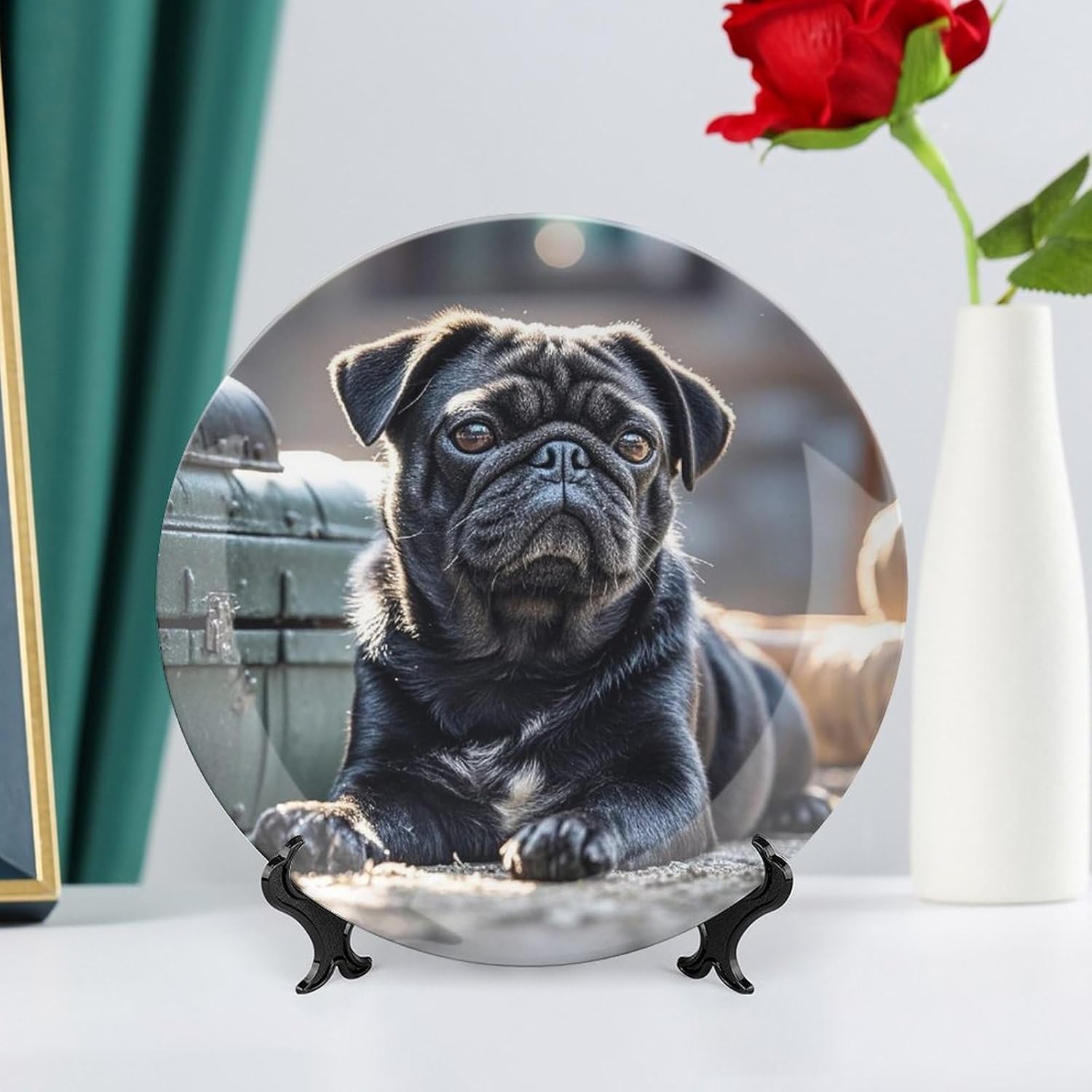 Cute Black Pug Dog Ceramic Plate 10inch Decorative Bone China Wall Hanging Ornament Plates Bohemian Style Dinner Plate with Display Stand Cabinet Display Plates for Home Art Decor