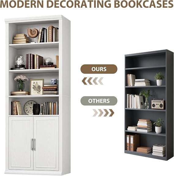 Rresyet 28 W Bookcase and Bookshelf with Doors, Modern Tall Bookshelf 6-Tier White Bookshelves with Storage Cabinet for Office, Living Room, Library