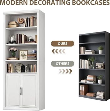Rresyet 28 W Bookcase and Bookshelf with Doors, Modern Tall Bookshelf 6-Tier White Bookshelves with Storage Cabinet for Office, Living Room, Library