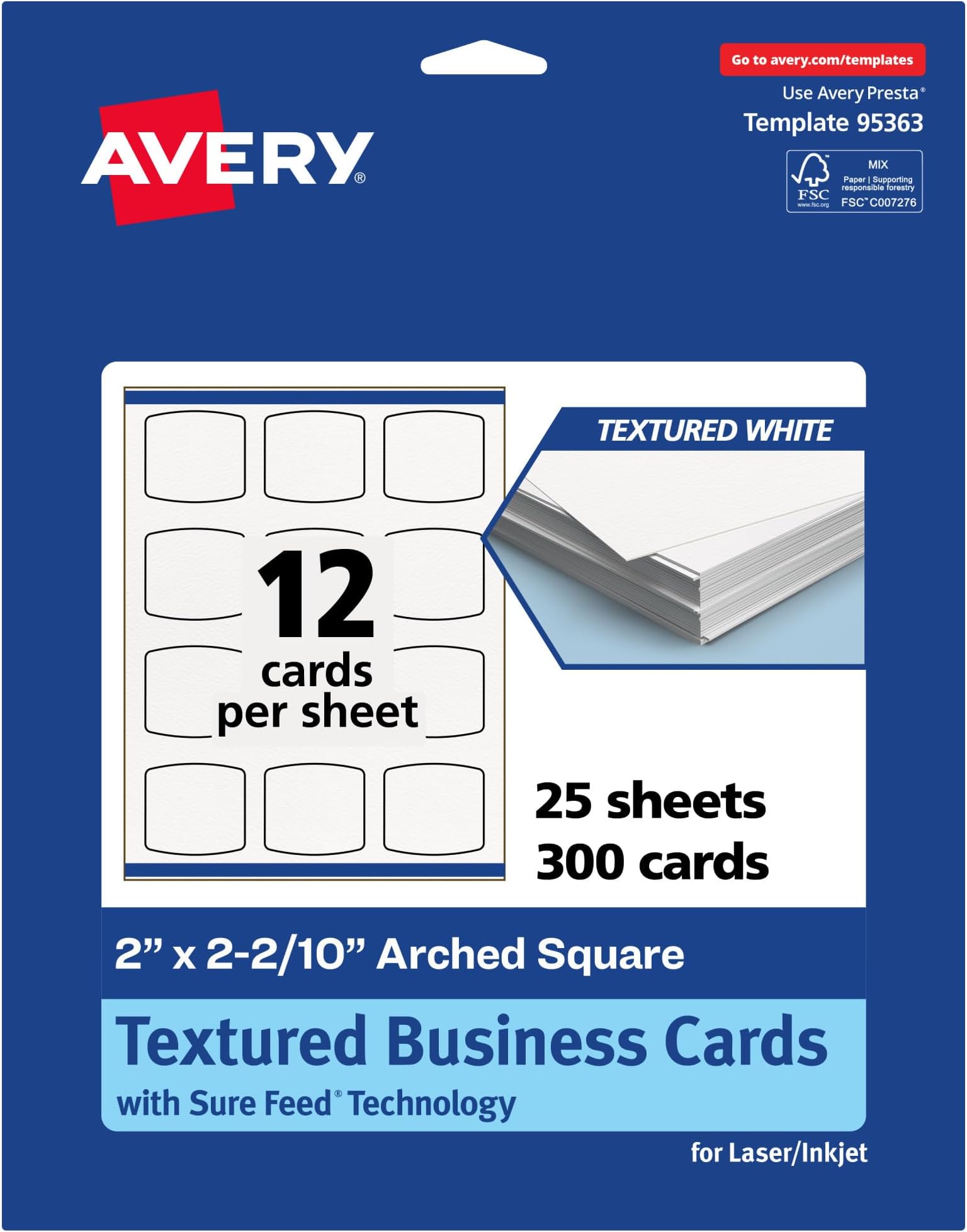 Printable Arched Square Business Cards with Sure Feed Technology, 2" x 2-2/10", Textured Matte White, Print-To-The-Edge Capability, Laser & Inkjet Compatible, 300 Total