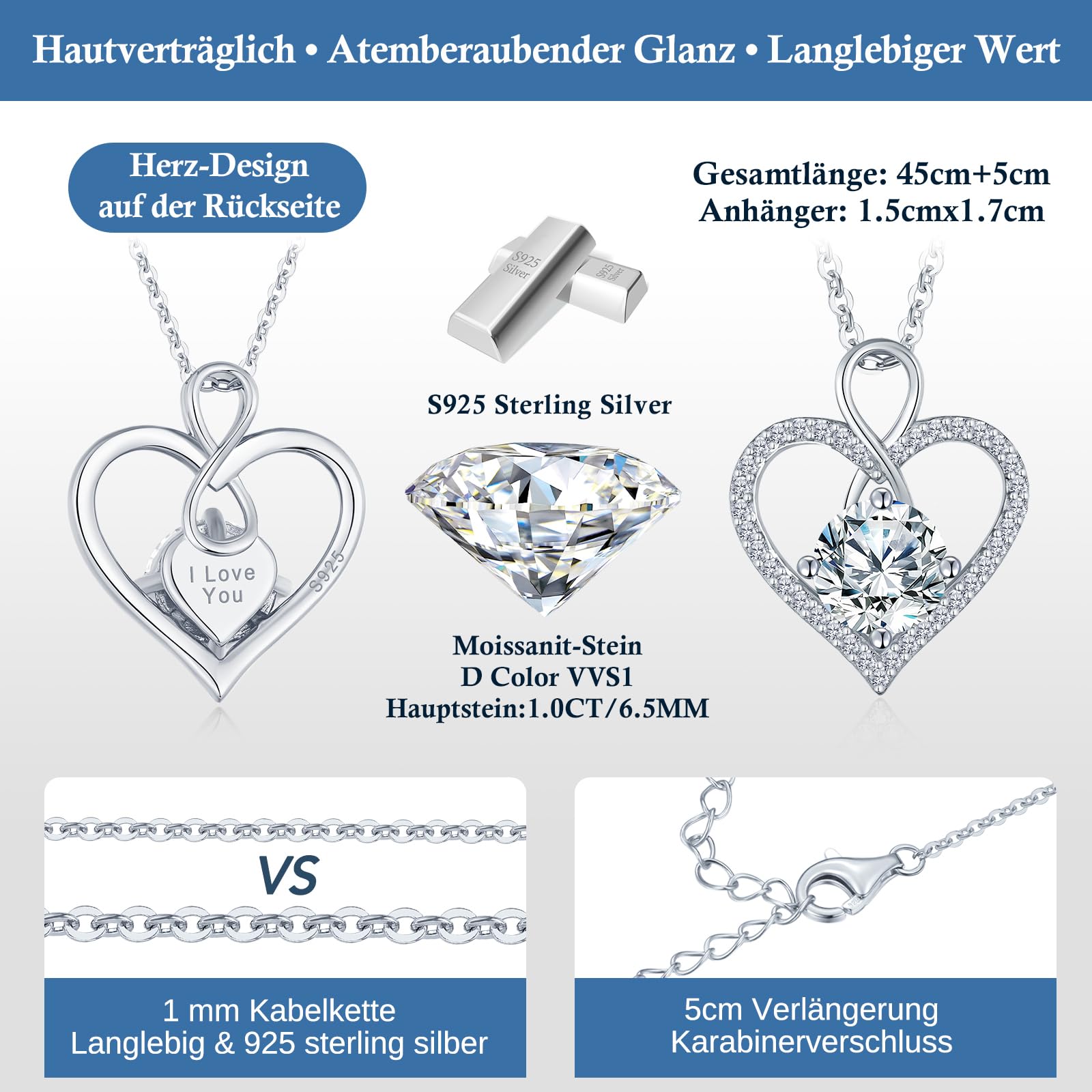 LOUISA SECRET Frauen Halskette Infinity Herz Eternal Mini Herz Moissanite | Runde Halskette 925 Sterling Silber Kette Damen mit Anhänger,Geburtstag Geschenk Valentinstag Schmuck Weihnachtstag