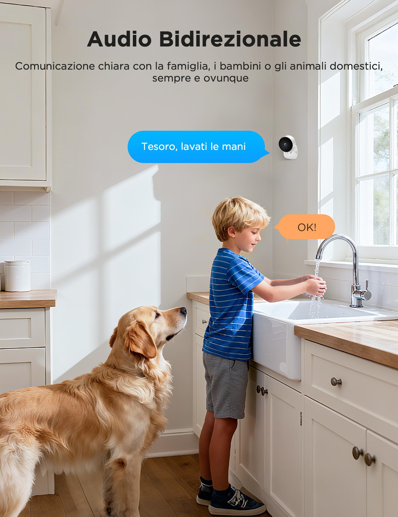 WOLFANG Telecamera WiFi Interno, Videocamera Sorveglianza 1080P, Visione Notturna, Audio Bidirezionale, Notifiche del Sensore di Movimento, scheda SD e archiviazione cloud, 360°, Confezione da 4