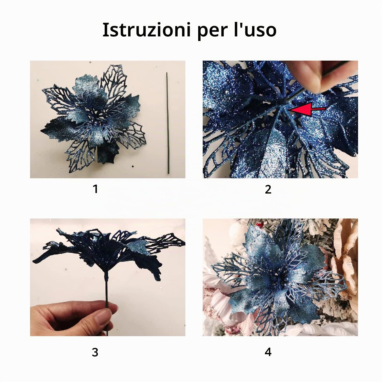 Confezione da 12 stelle di Natale artificiali, glitterate, decorazione per ghirlanda natalizia e albero di Natale, diametro 16 cm, con 12 aghi verdi flessibili