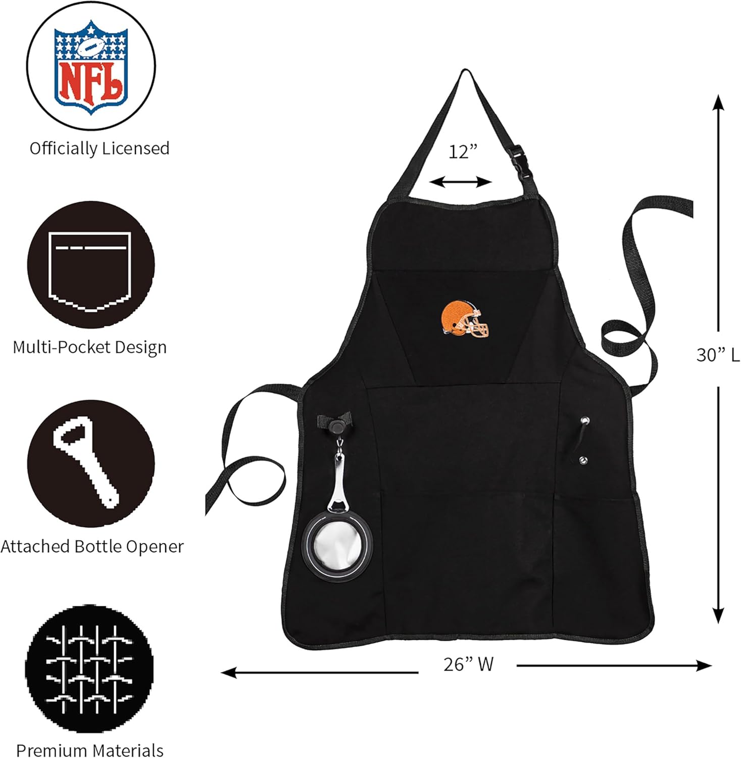 Team Sports America Outdoor NFL Black Grilling Apron | Cleveland Browns | Made of Durable Cotton | Beverage Opener and Multi-Tool | Sports and Tailgaiting Apparel