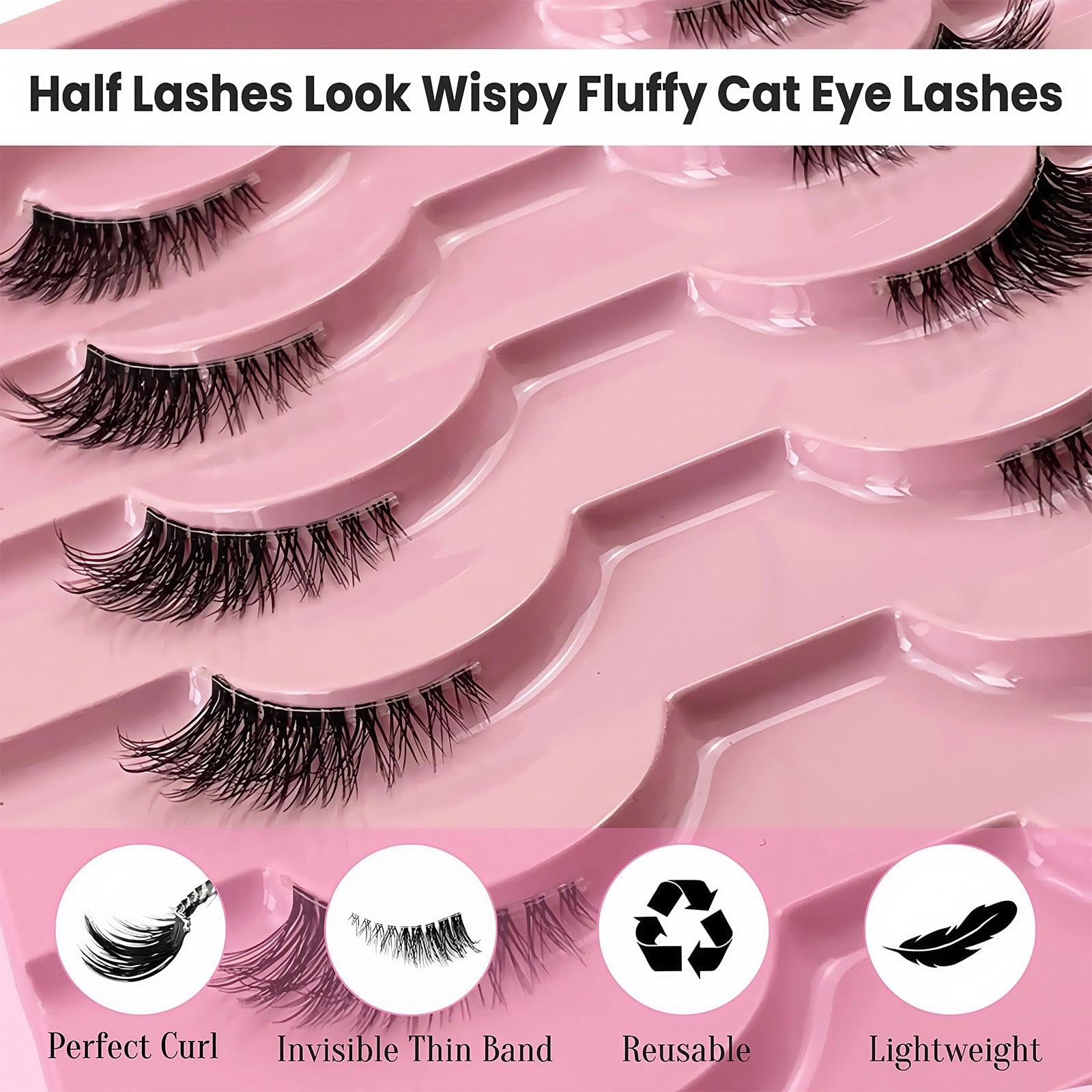 False Eyelashes with Clear Band Half Lashes Natural Look 10 works Cat Eye Wispy Corner Lash Reusable Transparent Fake Lash - Image 2