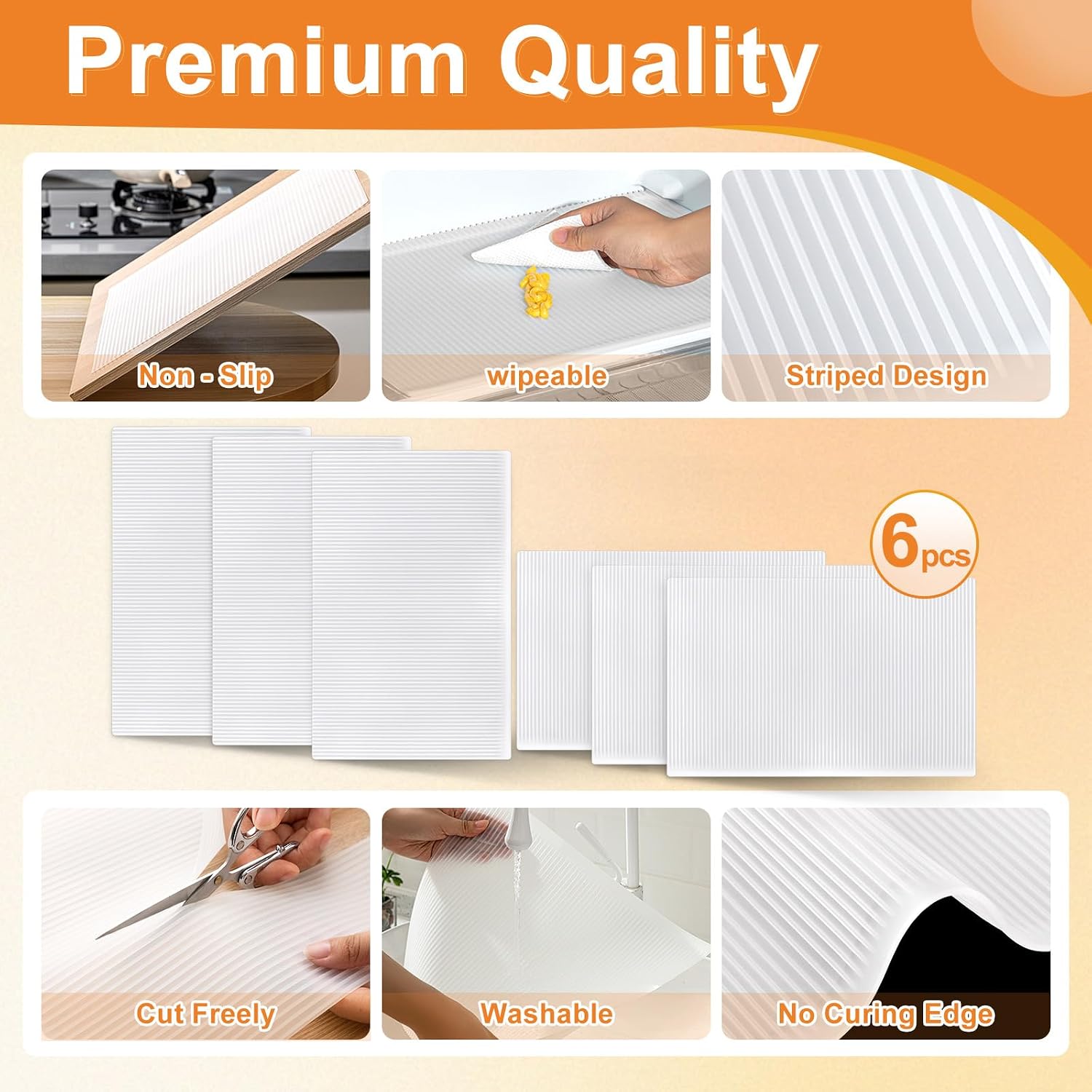 Frienda 6 Pcs Silicone Refrigerator Liner for Glass Shelves Washable, 17.7x11.6 Inch Striped Fridge Liners for Shelves, Clear Drawer Liners No Adhesive Refrigerator Shelf Liner