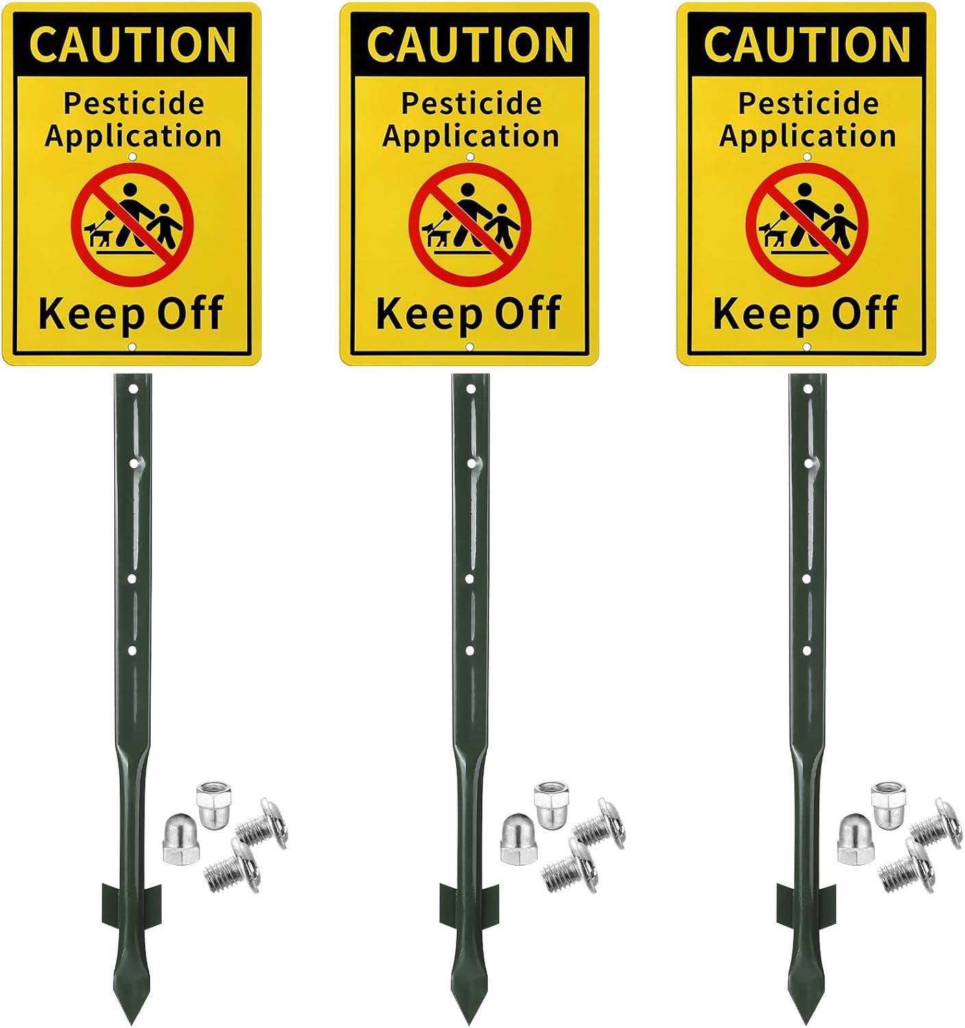 Beeveer 3 Pack 10 x 7 Inch Caution Pesticide Application Keep off Lawn Signs Caution Reflective Yard and Stake Kit Rustproof Metal Aluminum Surface Keep off Sign for Lawn Grass Warning
