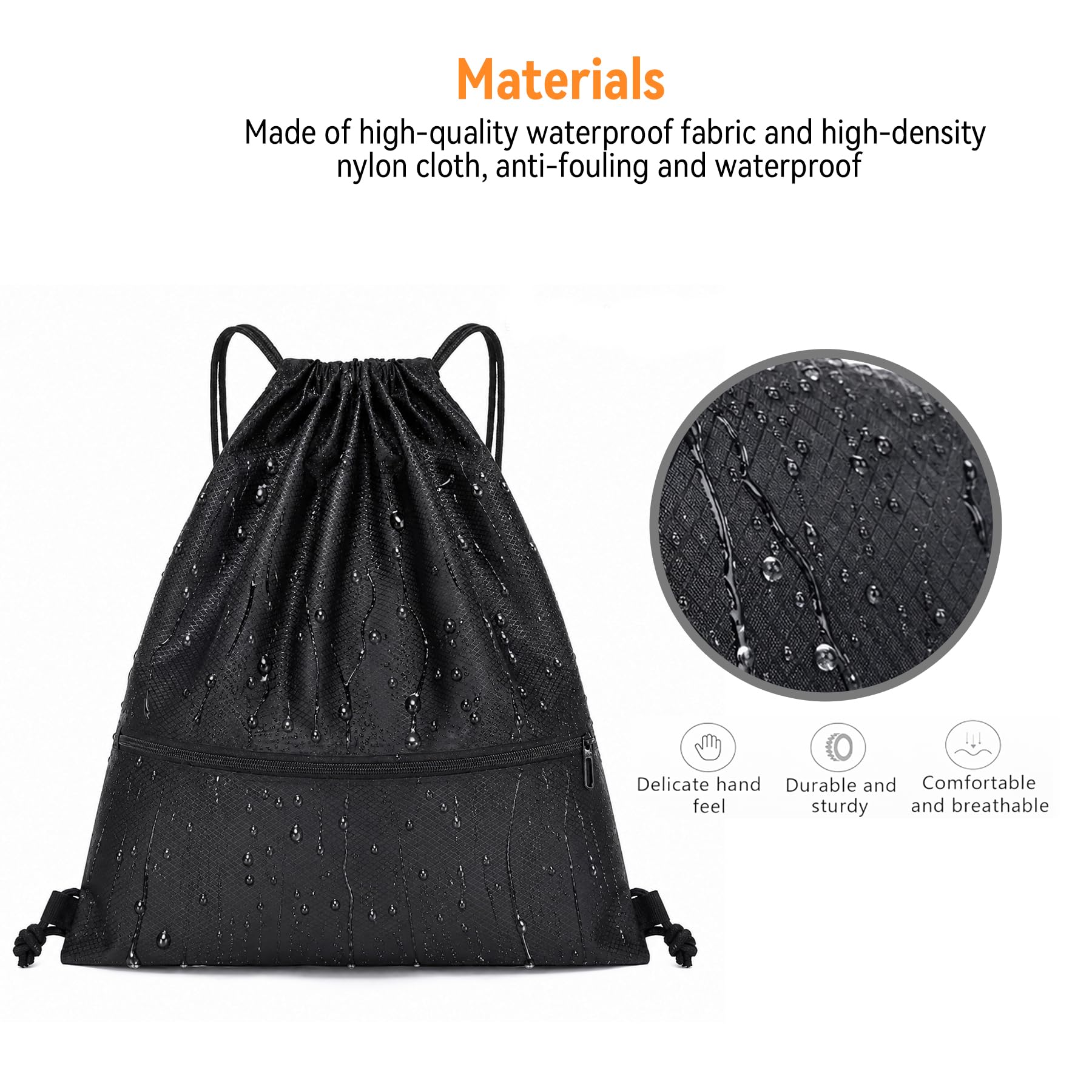Arae Wasserdichter Drawstring Rucksack aus Oxford-Stoff mit Vortasche, Leichter Sportbeutel für Fitness und Reisen, Schwarz, L