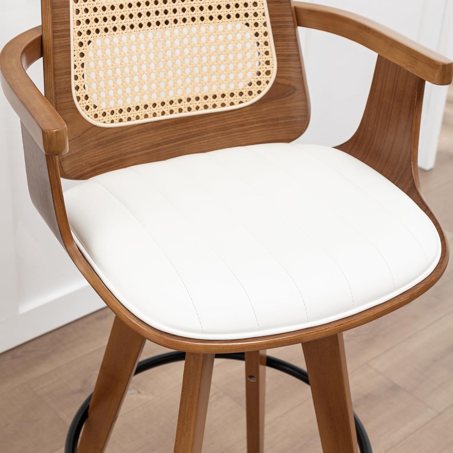 WUPOTO Bar Stools Set of 3, 29.7" Bar Height 360° Swivel Stools with Ergonomic Rattan Back, Faux Leather Seat, Bamboo Legs with Walnut Finish, Mid-Century Style (Cream)