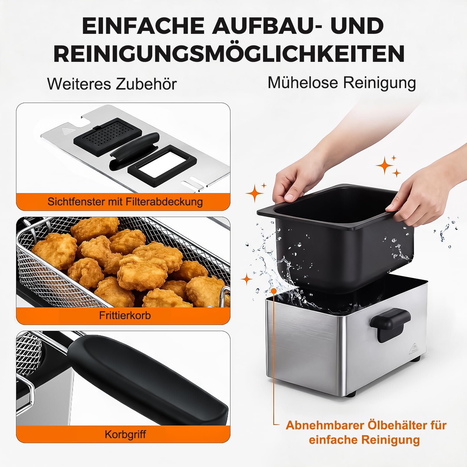 YASHE Friteuse mit Fett 3L, 2000 W mit Sichtfenster | Mit Temperaturregelung, Herausnehmbarem Korb & Ölbehälter, Edelstahl, Leicht zu Reinigen
