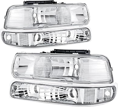 Headlights Assembly Compatible with 99-02 Chevy Silverado / 00-06 Tahoe Suburban Headlights Headlamp with Bumper Lights, Chrome Housing Clear