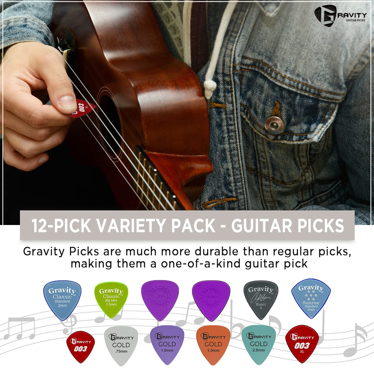Gravity Gitarrenplektren aus Acryl, polierte Fasen, heller, lauter Klang und festerer Halt, erhältlich in verschiedenen Packungen, hergestellt in den USA