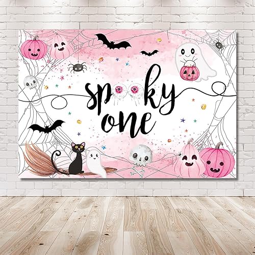 Miniatura 6 de MEHOFOND Fondo espeluznante de Halloween de 7 x 5 pies, color rosa, acuarela, Little Boo, Baby Shower para niñas, telaraña de murciélago, calabaza,