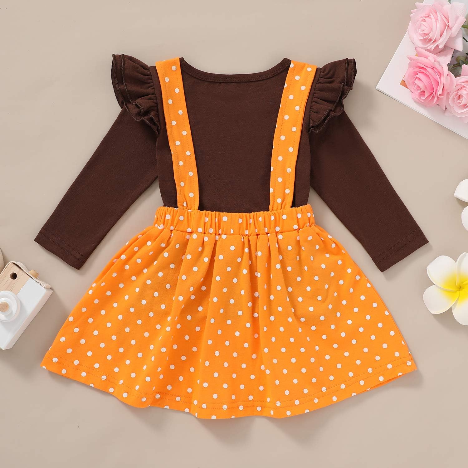 HAPPYMA Thanksgiving Outfits Toddler Baby Girl Skirts Sets Ruffle Top Turkey Dot Overalls Suspender Dress Fall Winter Clothes