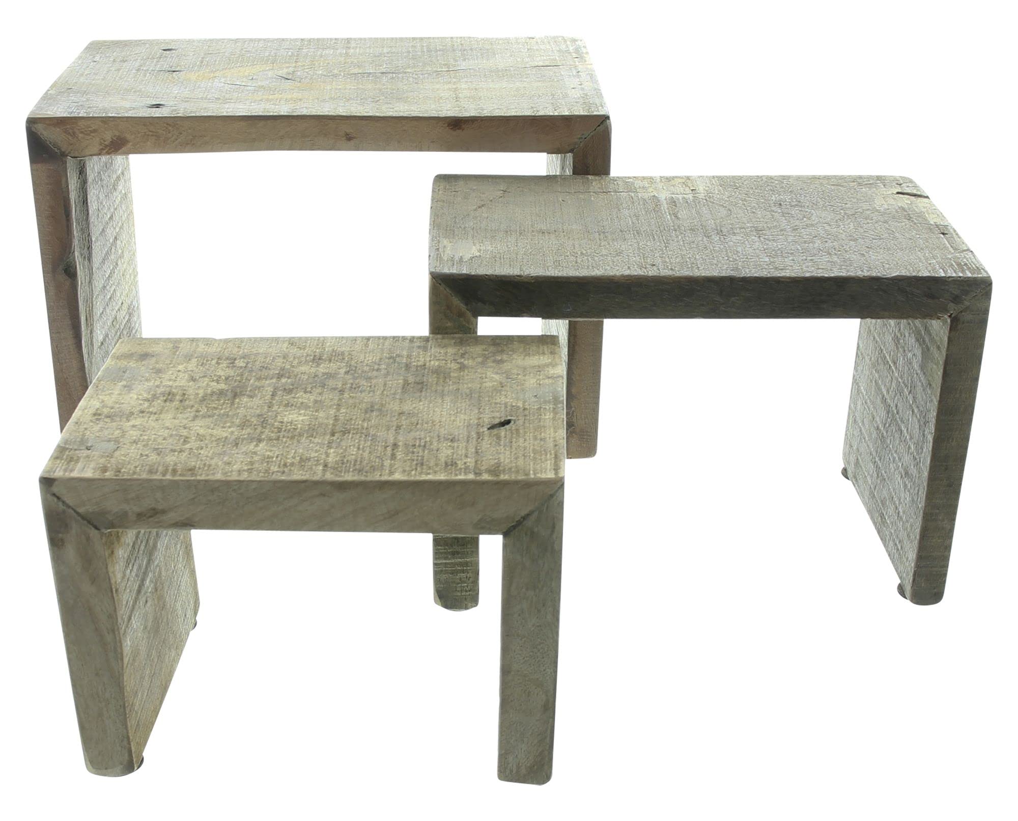 FRANK FLECHTWAREN Dekobank Rustikal, 3er Set, massiv gearbeitete Holzbänkchen, recycelt, Dunkelbraun, Trendiger Used-Look, möbelschonende Kunststoffnoppen Garten