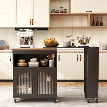 Movable Kitchen Island with Power Outlet & LED Lights - Kitchen Island Carts with Storage Cabinets, 8 Wheels Lockable, USB Charging Station, Expandable Tabletop for Farmhouse Kitchen Black