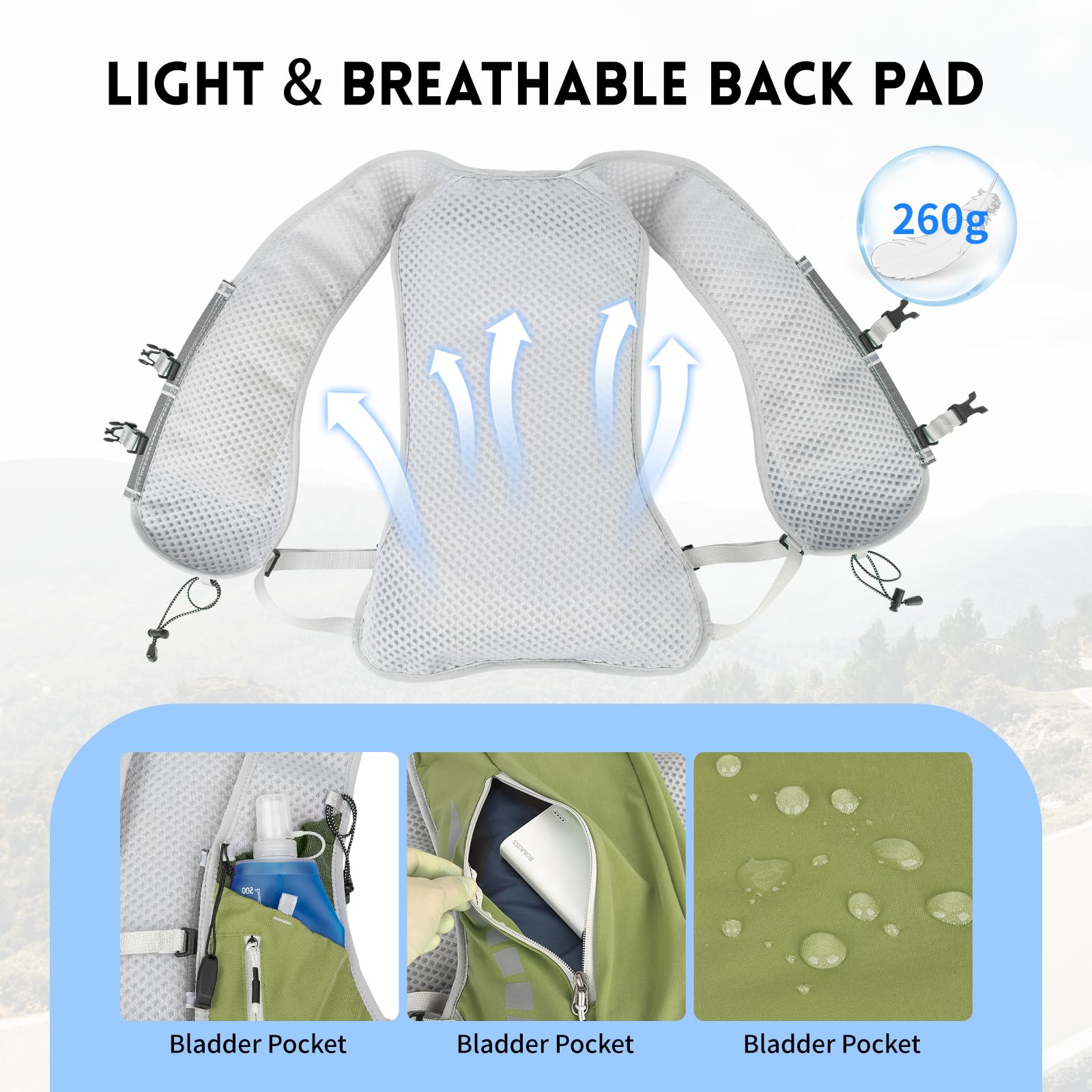 Expansea Zaino da Corsa 7L, Super Leggero Zaino Uomo & Donna, Tasche Multiple, Running Vest With Borraccia Morbida 500ml per Ciclismo, Maratona,Corsa, Arrampicata e Altri Sport All'Aria Aperta