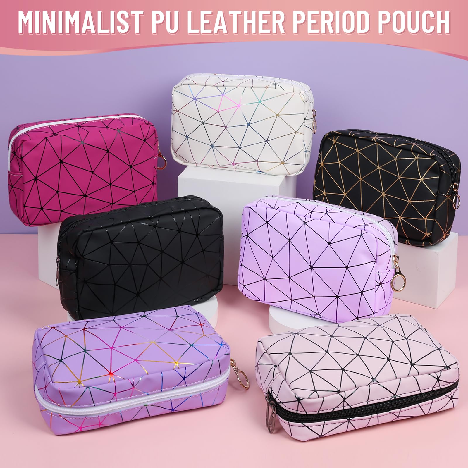 Tampon Holder for Purse Period Bag Waterproof Geometric PU Sanitary Napkin Storage Bag Portable Menstrual Cup Pad Pouch Cute Makeup Bag Feminine Gift Vibrant Blue