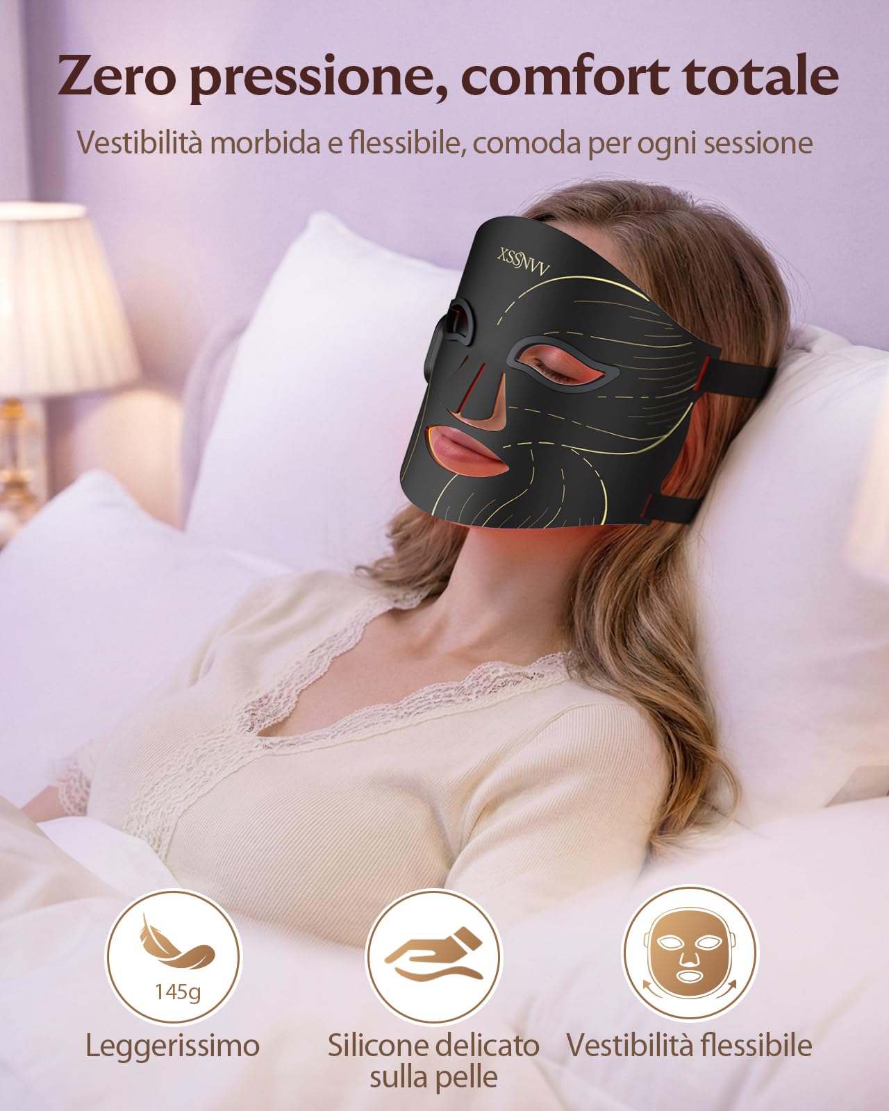 Maschera LED Viso con Luce Rossa e Infrarossi 850nm, Maschera Facciale LED Multicolore, Wireless e Ricaricabile, Silicone Flessibile per Cura della Pelle a Casa NVV03